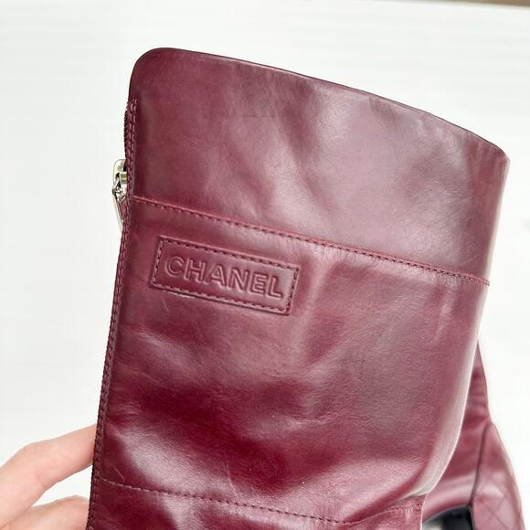 Chanel CC Burgundy Leather CC Quilted Diamond Stitched Block Heel Boots Calf 38 - Picture 6 of 13